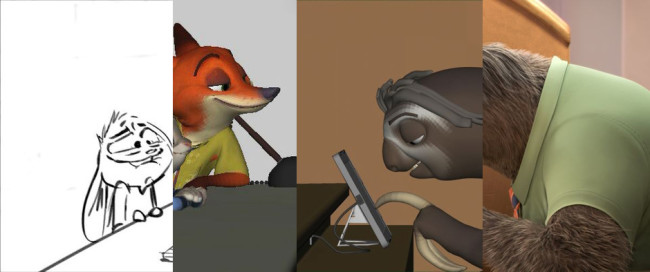Sloths at the DMV, from storyboards to final render. [original photos from Animation World Network]